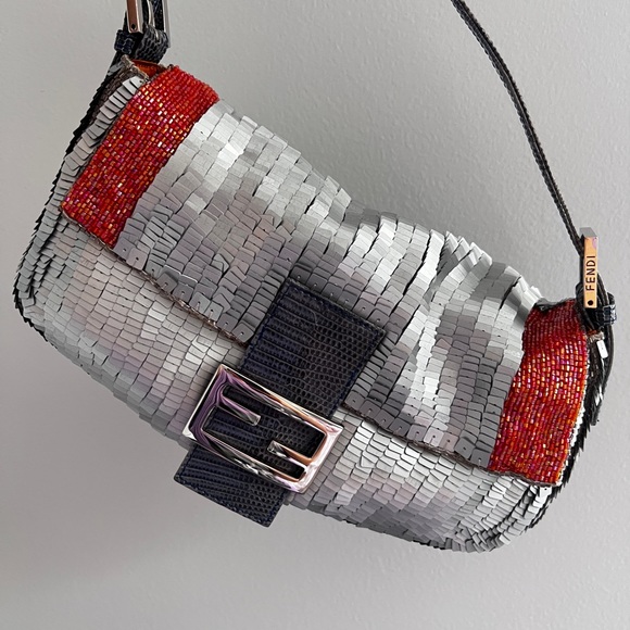 Rare vintage silver sequin trimmed orange beads baguette sold - Picture 4 of 5